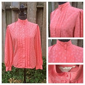 Alexandria Vintage Coral Pink Long Sleeve High Neck Blouse